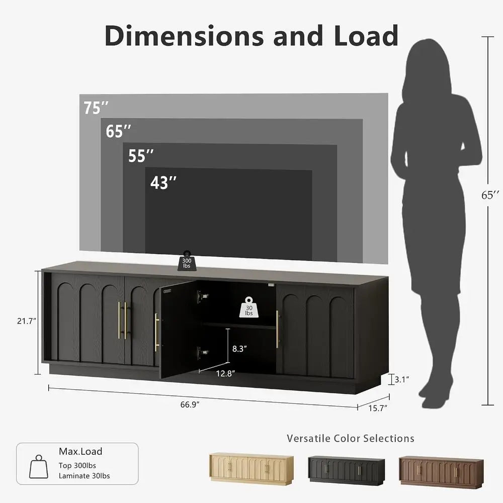 TV Stand or 75 Inch TV, 67" Entertainment Center with Arched Design, Minimalist Media ole with Adjustable Shelves, ern TV Stand