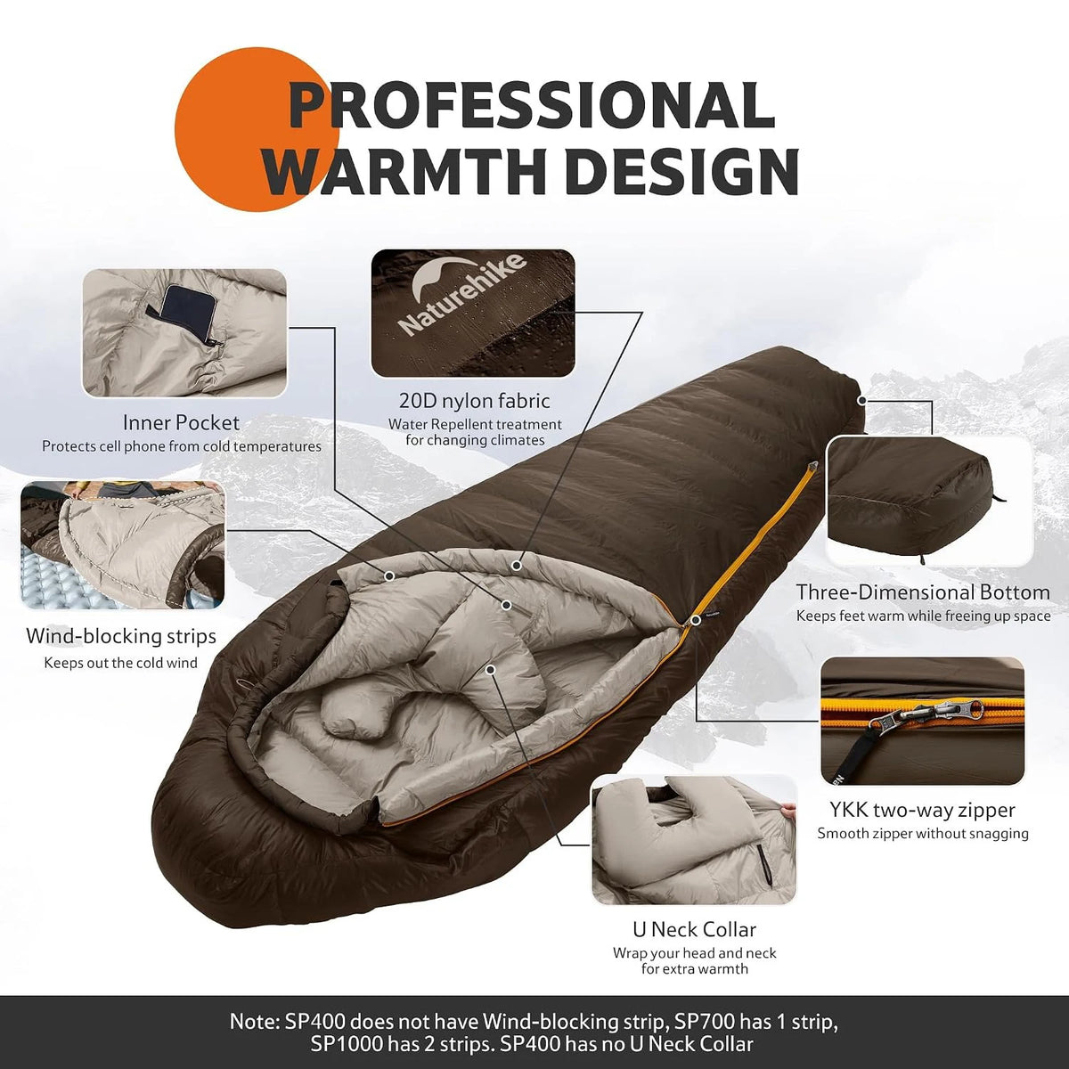 Naturehike Upgraded SP400 650FP Ultralight Sleeping Bag Camping Travel Hiking Duck Down Mummy Sleeping Bags for Winter Autumn
