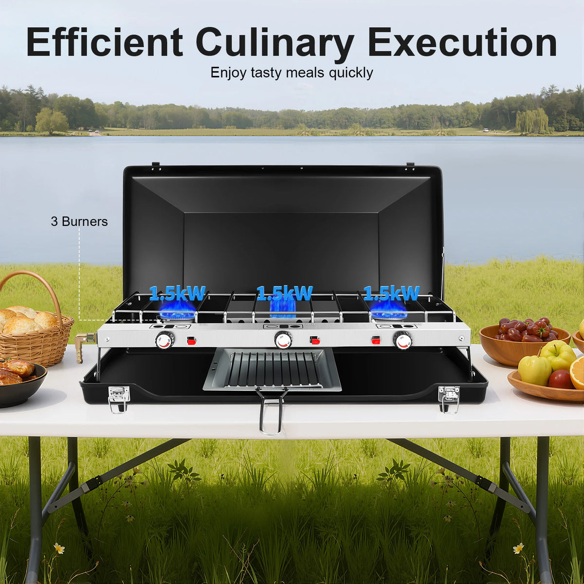 Portable Gas Camping Stove 3 Burners 4.5KW Total Power Cold Rolled Sheet Rust Resistant Piezo Ignition Windproof Lid Foldable Lockable Anti-slip Feet No Assembly Lightweight Tabletop Gas Cooker For Outdoor Camping Picnic BBQ