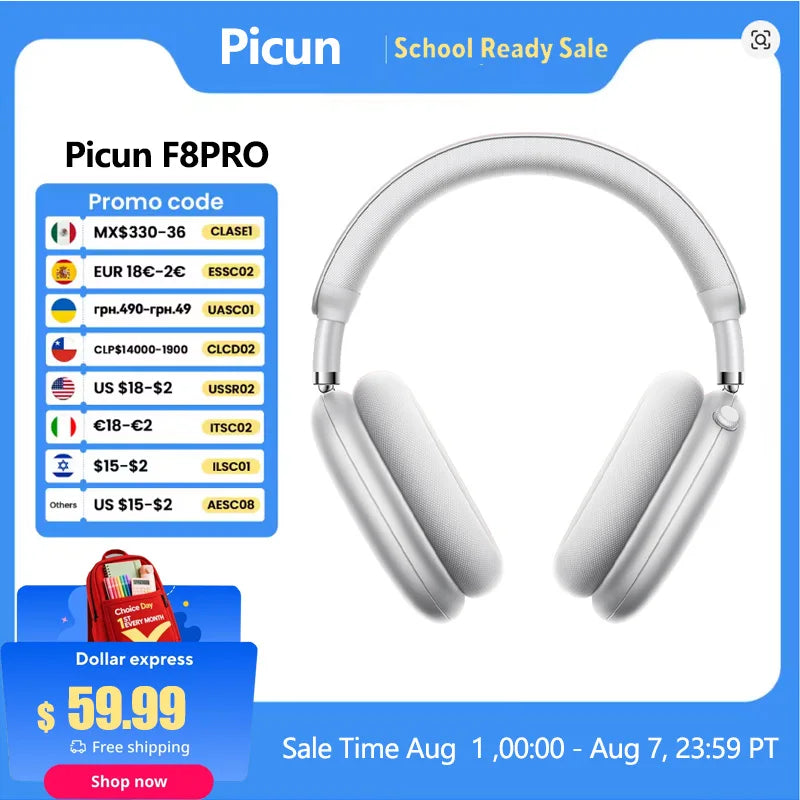 Picun F8 Pro ANC Wireless Headphones 3D Spatial Audio Head Tracking -52dB ANC HIFI Bluetooth Headset ENC HD Mic Low-Latency APP