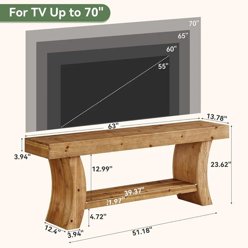 63" Solid Wood TV Stand or 55/60/65/75" TVs, armhouse TV ole, Low Entertainment Center with Storage or Living Room, Bedroom