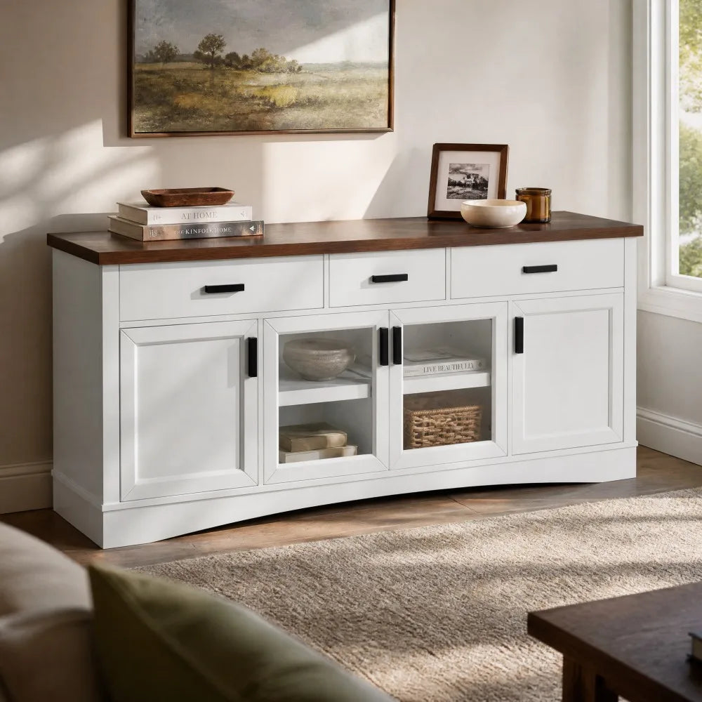 Modern White TV Console, 67" Width TV Stand, Glass Doors & Storage Drawers, Adjustable Shelves (Old SKU:N779P296233W)