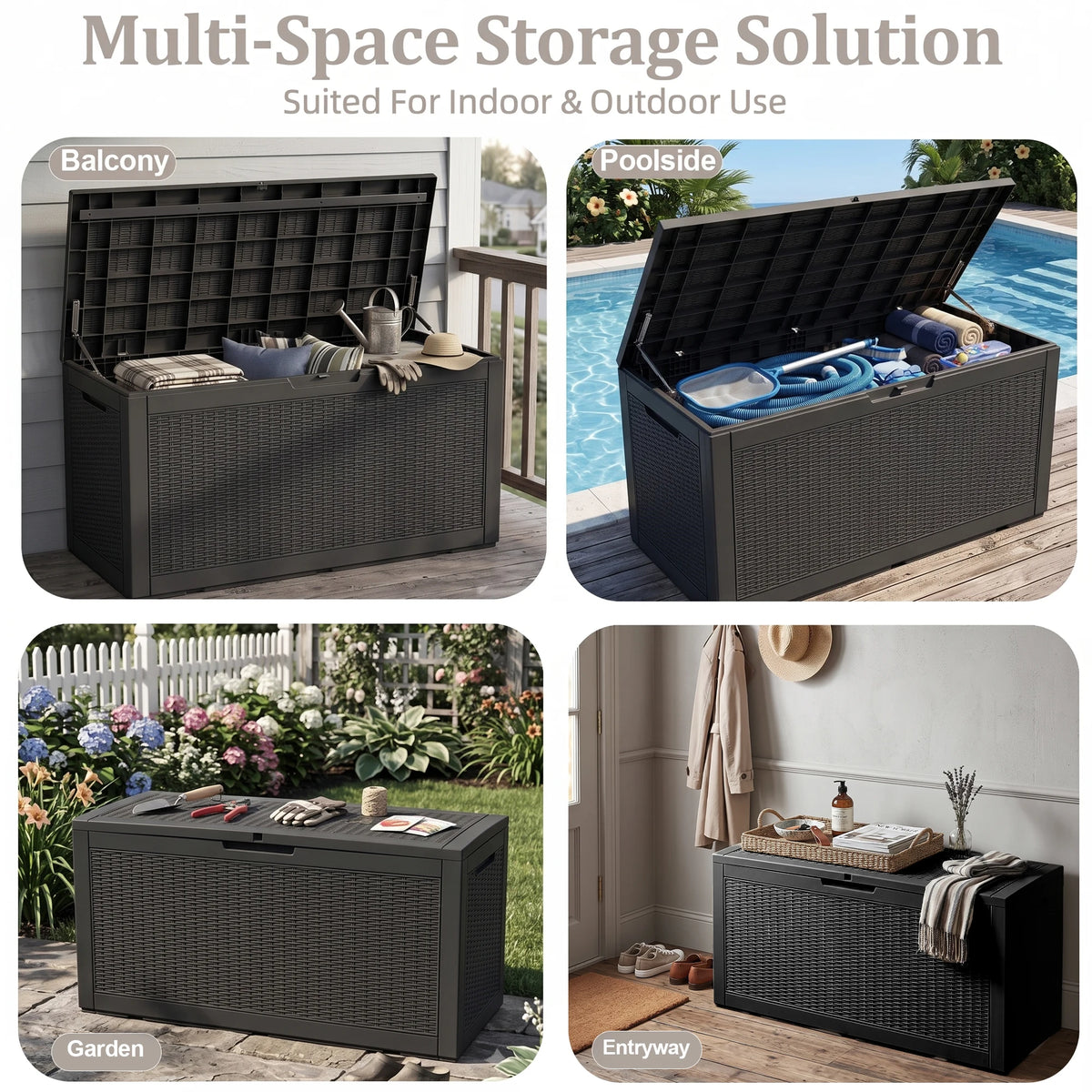100 Gallon Outdoor Storage Deck Box, Resin Rattan Pattern Storage Container with Lid Support Bar, Indoor & Outdoor Patio Storage Box