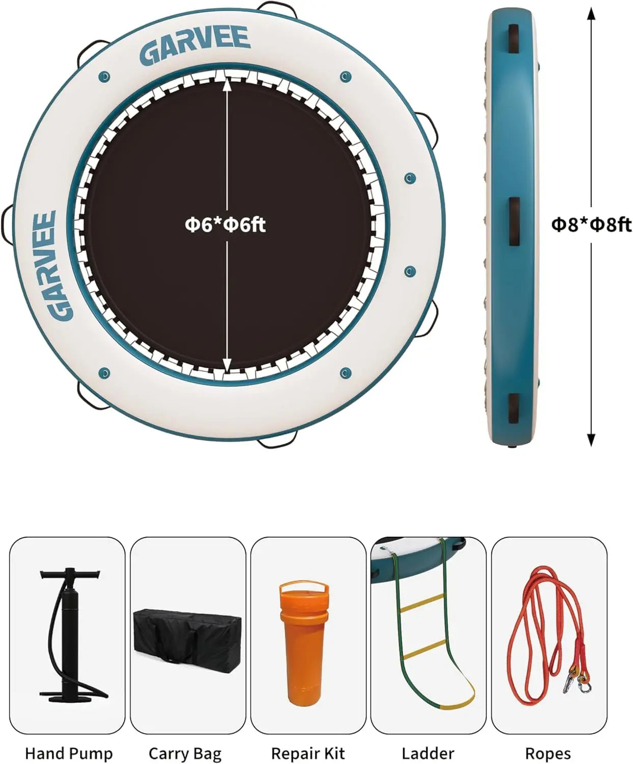 Round Inflatable Floating Platform, PVC Water Float Dock for Lake Pool and Boat, 8 x 8 ft Floating Island with 6 ft Open Center, White Blue Recreational Swim Raft