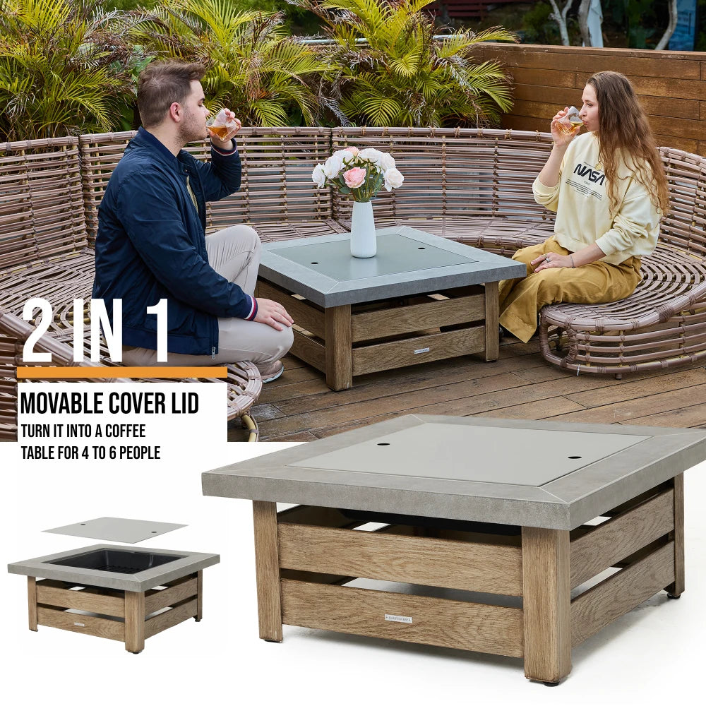 34 Inch Iron Wood-Burning Fire Pit Table, Natural Wood Color Outdoor Stove with Square 34 By 34 By 19.70 Inch Size, 65.80 Pound Weight, Iron Construction, Package 36.80 By 36.80 By 7.50 and Patio Backyard Garden Gathering Use