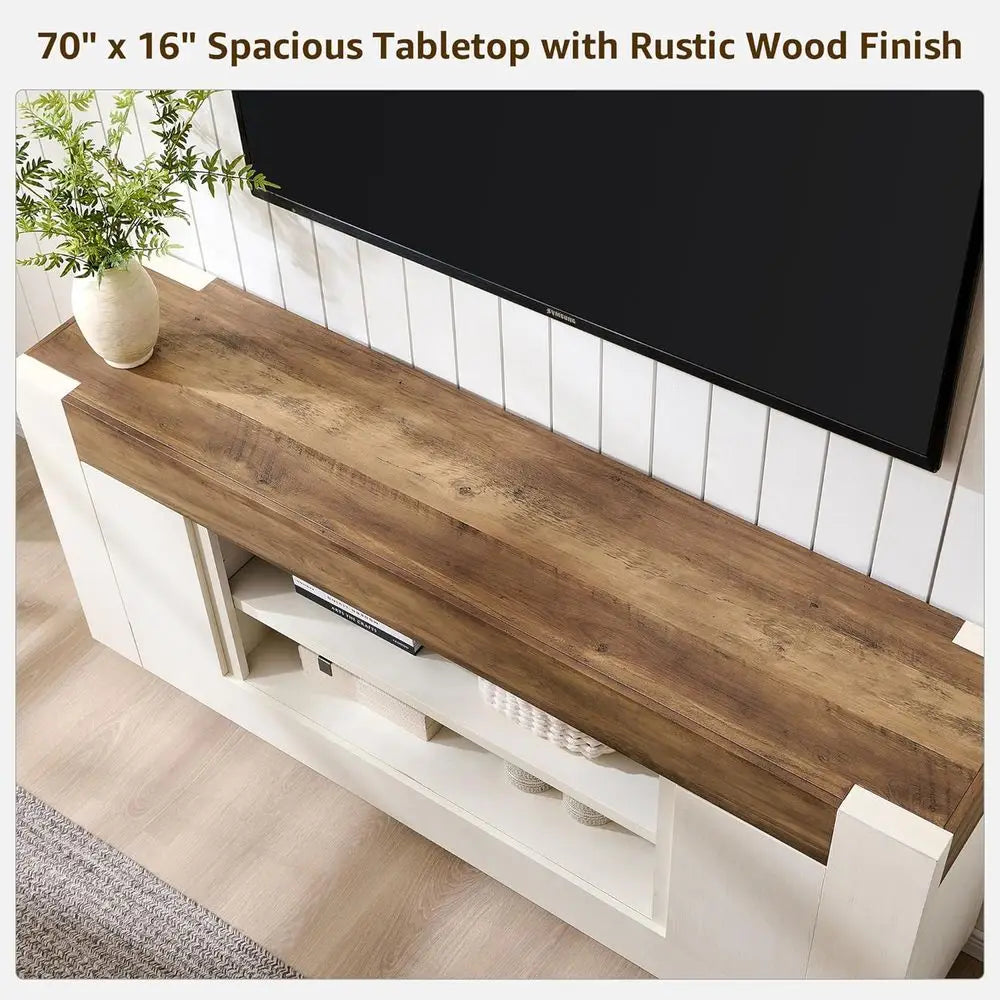 ern 70" TV Stand, Entertainment Center or TVs Up to 80", Media ole with Large Open Storage & Side Cabi, Thick Wood Design or Liv