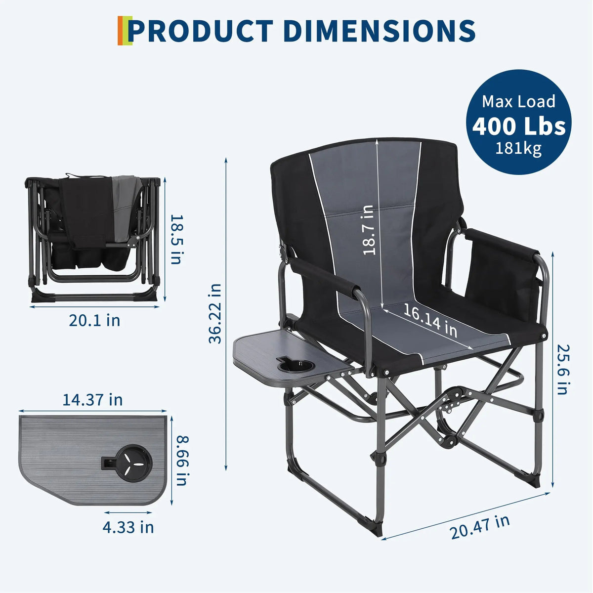 1 PCS Heavy Duty Oversized Directors Camping Chairs for Adults, 400lb Portable Folding Outdoor Lawn Chair with Side Table, Pocket & High Back, Ideal for Beach, Fishing, Picnic - Black