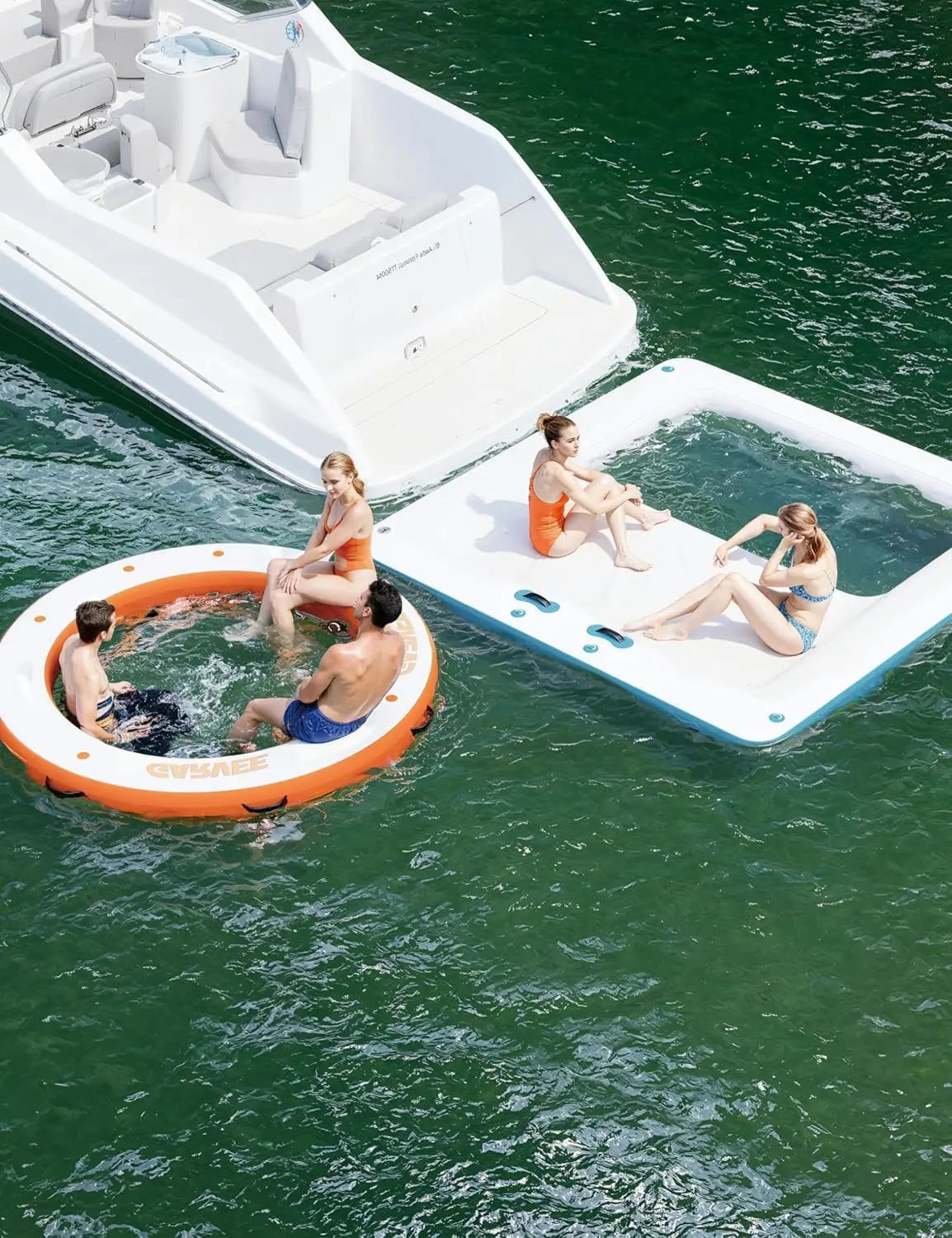 Round Inflatable Floating Platform, PVC Water Float Dock for Lake Pool and Boat, 8 x 8 ft Floating Island with 6 ft Open Center, White Blue Recreational Swim Raft
