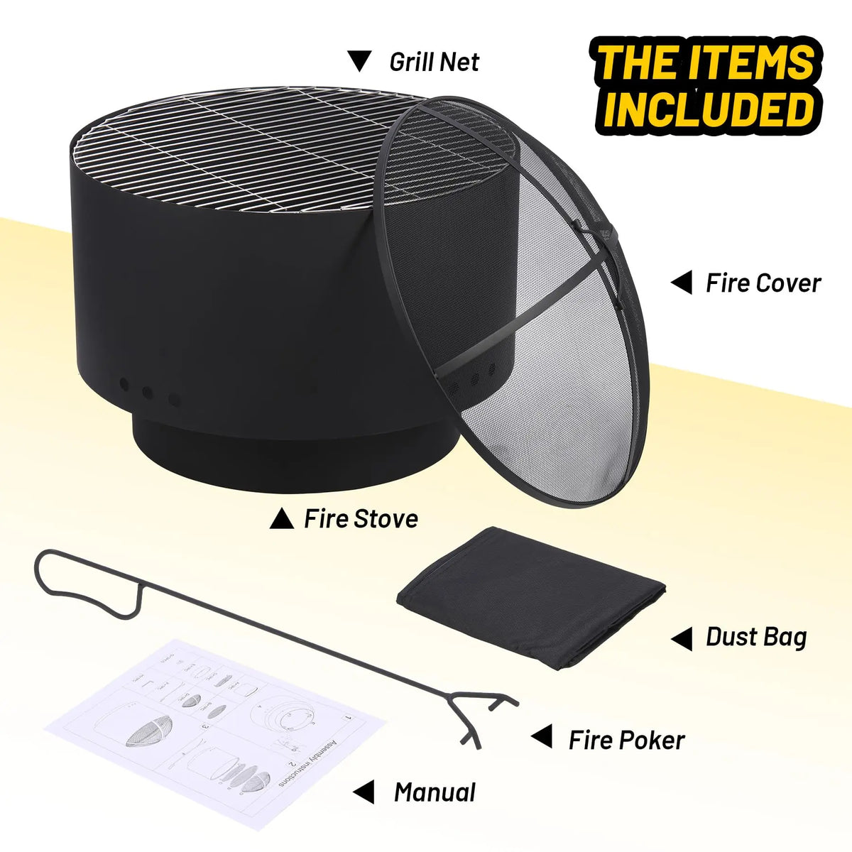 26 Inch Smokeless Wood Burning Fire Pit With Cooking Grate, Mesh Lid, Poker & Cover, Portable Outdoor BBQ Bonfire Pit For Patio Camping