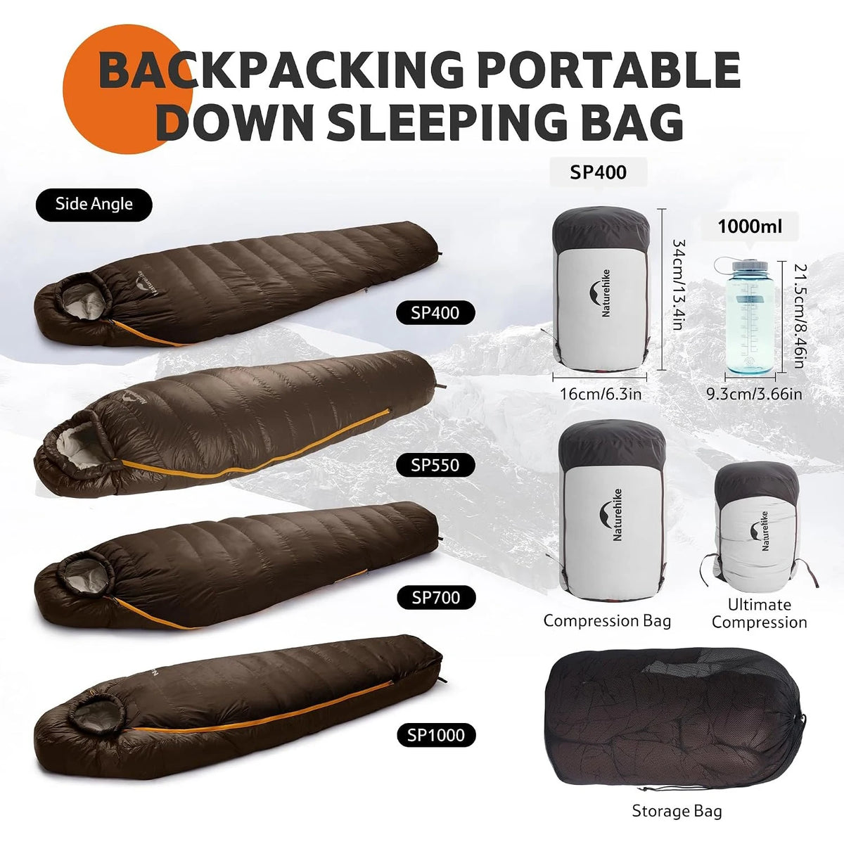 Naturehike Upgraded SP400 650FP Ultralight Sleeping Bag Camping Travel Hiking Duck Down Mummy Sleeping Bags for Winter Autumn