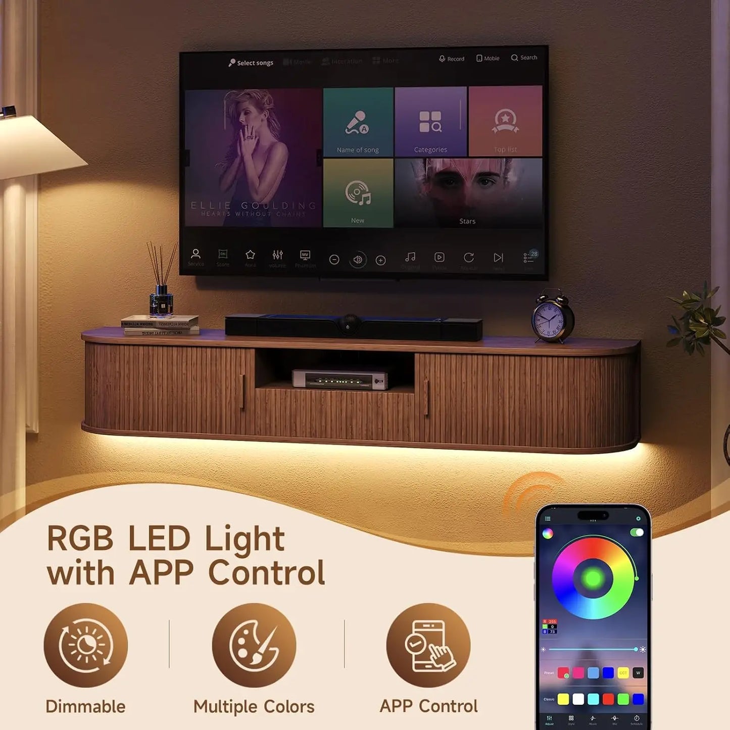 70 Inch Smart Floating TV Stand with LED Lights & Power Outlet - App Control Entertainment Center for 80" TVs, Mid-Century Modern Fluted Wood Design Living Room Storage Cabinet,Walnut