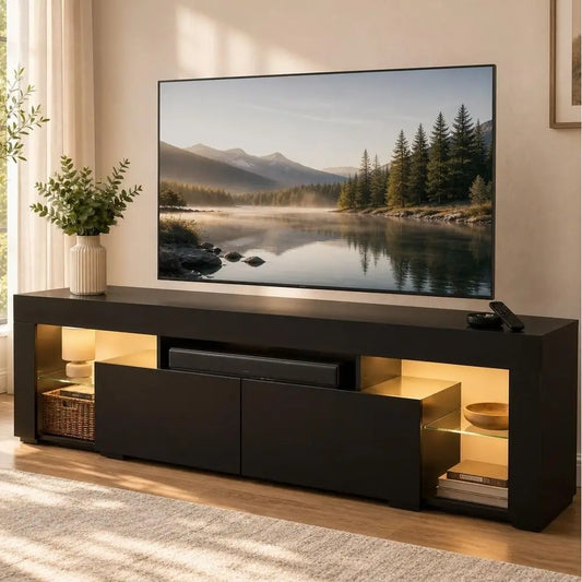 63 Inch TV Stand or 55/65/70 Inch TVs, ern Entertainment Center with 20 LED Lights & 2 Large Storage Ders, Media ole Table, Gami