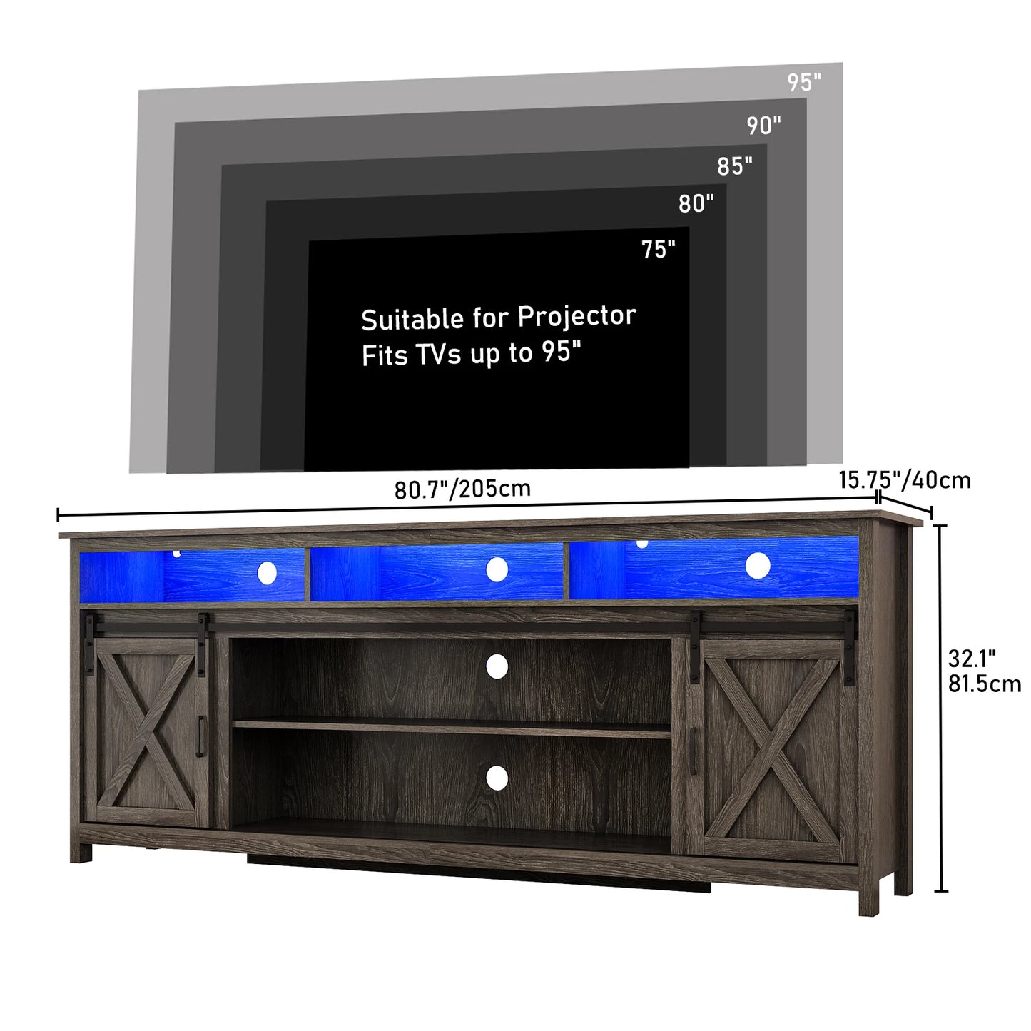 TV Stand Farmhouse Coffee Bar Cabinet Rustic Sliding Barn Door Storage Cabinet with Power Outlet & LED Light, Wooden TV Cabinet