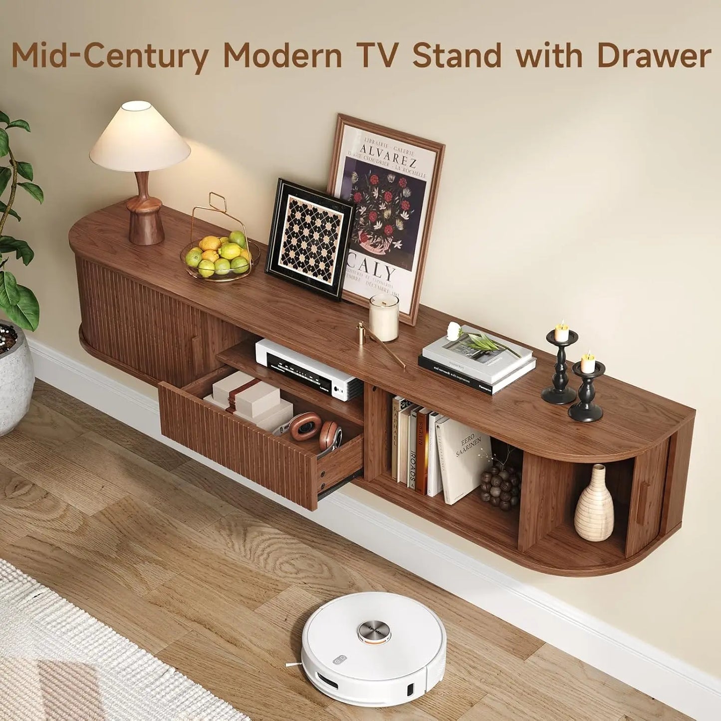 70 Inch Smart Floating TV Stand with LED Lights & Power Outlet - App Control Entertainment Center for 80" TVs, Mid-Century Modern Fluted Wood Design Living Room Storage Cabinet,Walnut