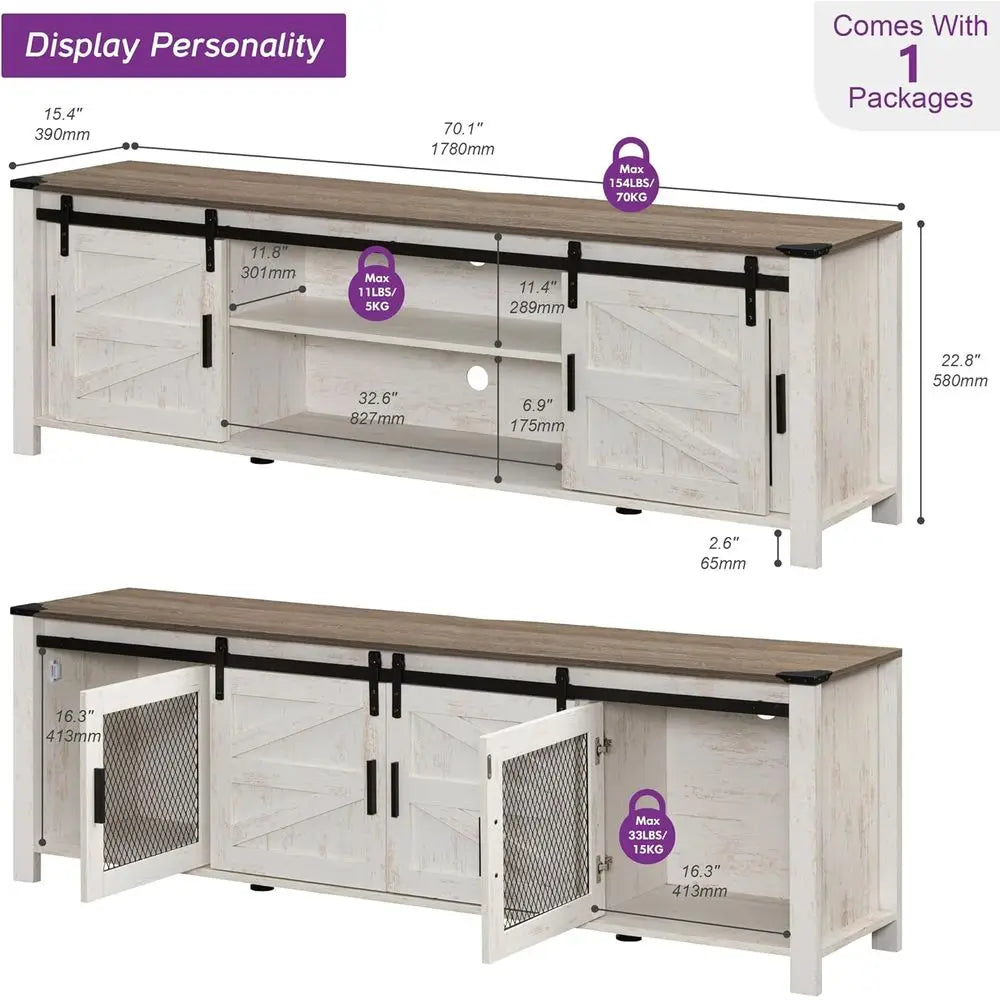 Wooden TV Stand for 75 TVs, Entertainment Center with Mesh Door, Storage Shelves, Rustic Oak and White