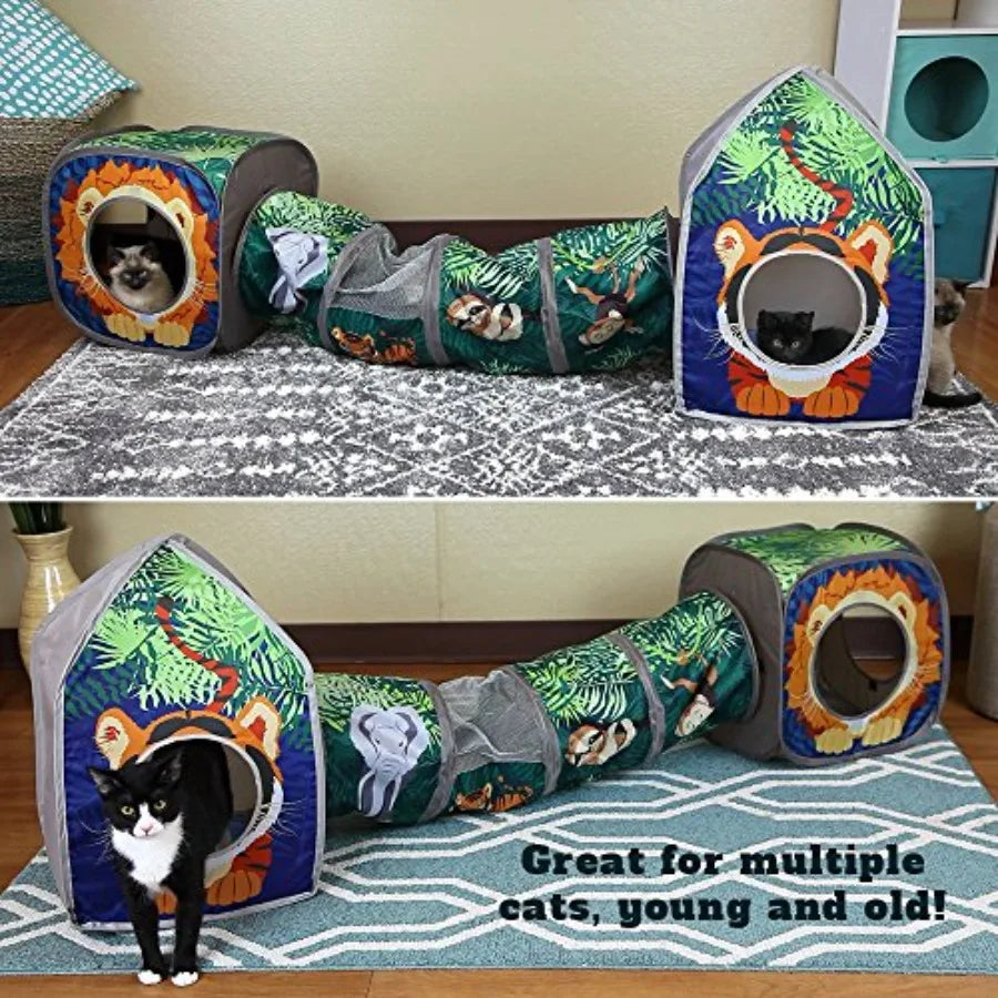 Safari Jungle Cat Play Set, Collapsible Pop-Up Cat Toys Combo with Cube, Tunnel and Hideout, Interactive Indoor Kitty Playhouse