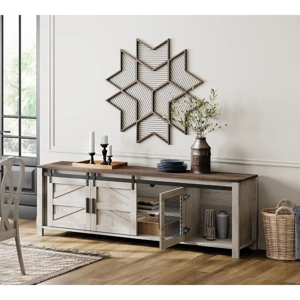 Wooden TV Stand for 75 TVs, Entertainment Center with Mesh Door, Storage Shelves, Rustic Oak and White