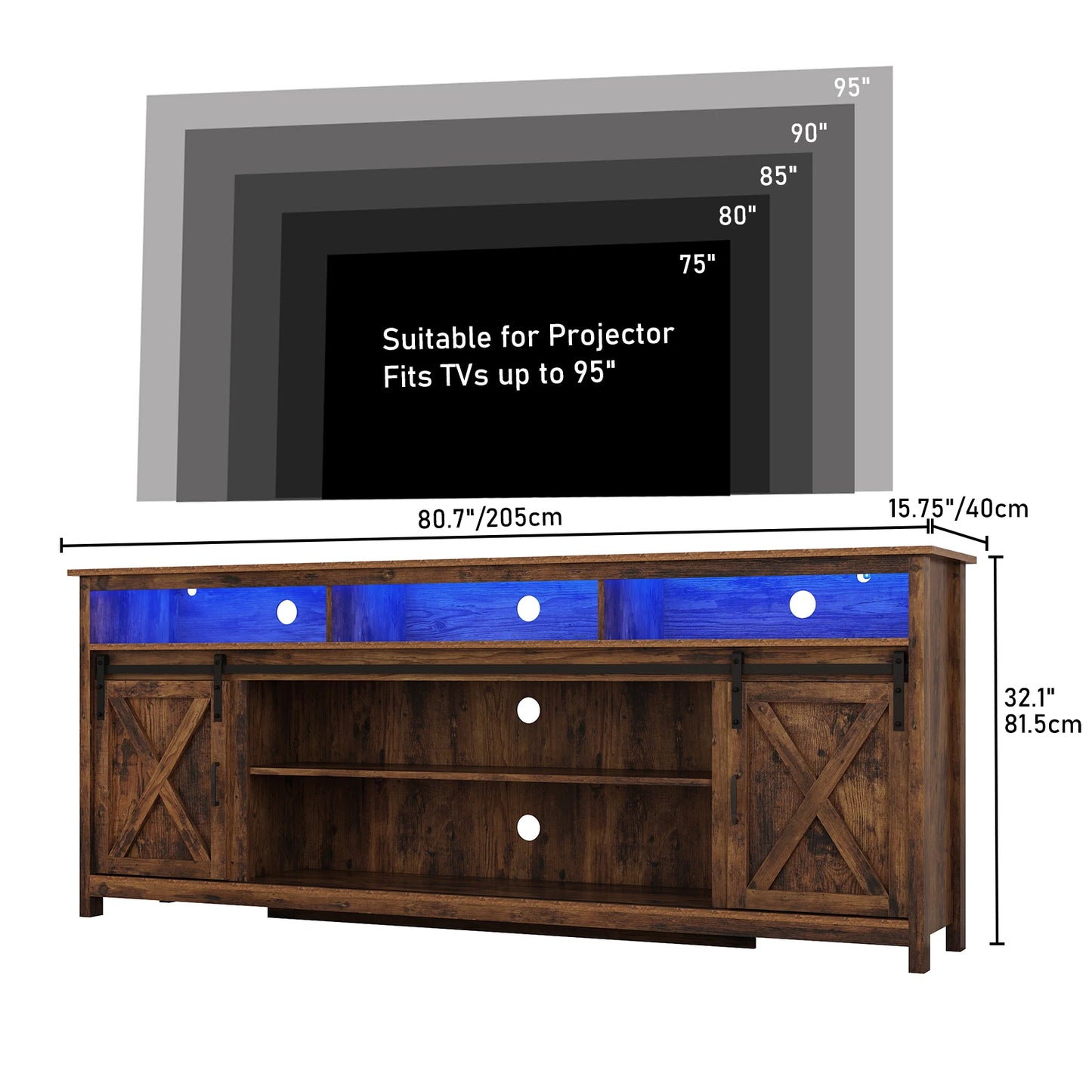 TV Stand Farmhouse Coffee Bar Cabinet Rustic Sliding Barn Door Storage Cabinet with Power Outlet & LED Light, Wooden TV Cabinet