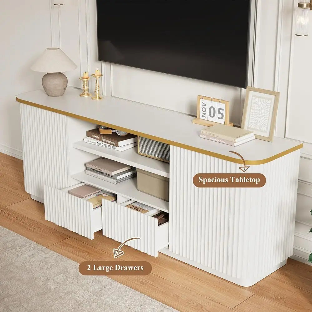 70" luted TV Stand or TVs Up to 80", ern Entertainment Center with 2 Ders & Cabi, TV ole with Curved Proile Design, Luxury Woode