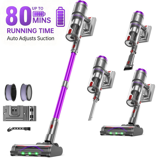 Lightweight Cordless Vacuum 650W/60Kpa/80 Mins Running Time Auto Suction Adjust HEPA Filter LED Display Handhelp Hoover Multi Attachments 2.5 Hours Charging Time for Hardwood Carpet Pet Hair Home Car Cleaning