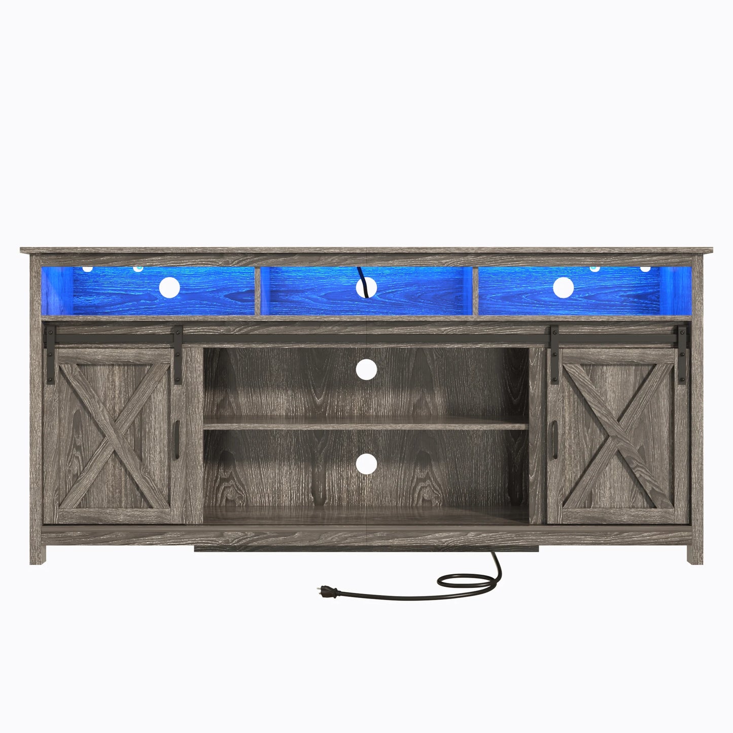 TV Stand Farmhouse Coffee Bar Cabinet Rustic Sliding Barn Door Storage Cabinet with Power Outlet & LED Light, Wooden TV Cabinet