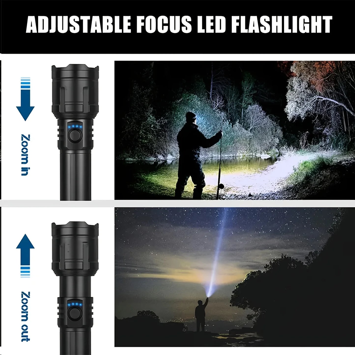 Zoomable LED Flashlight with Lens Ignition Function, Rechargeable High Power Tactical Flashlight, USB Charging Portable Torch with Power Indicator Light, Perfect for Outdoor Camping, Survival & Emergency Use