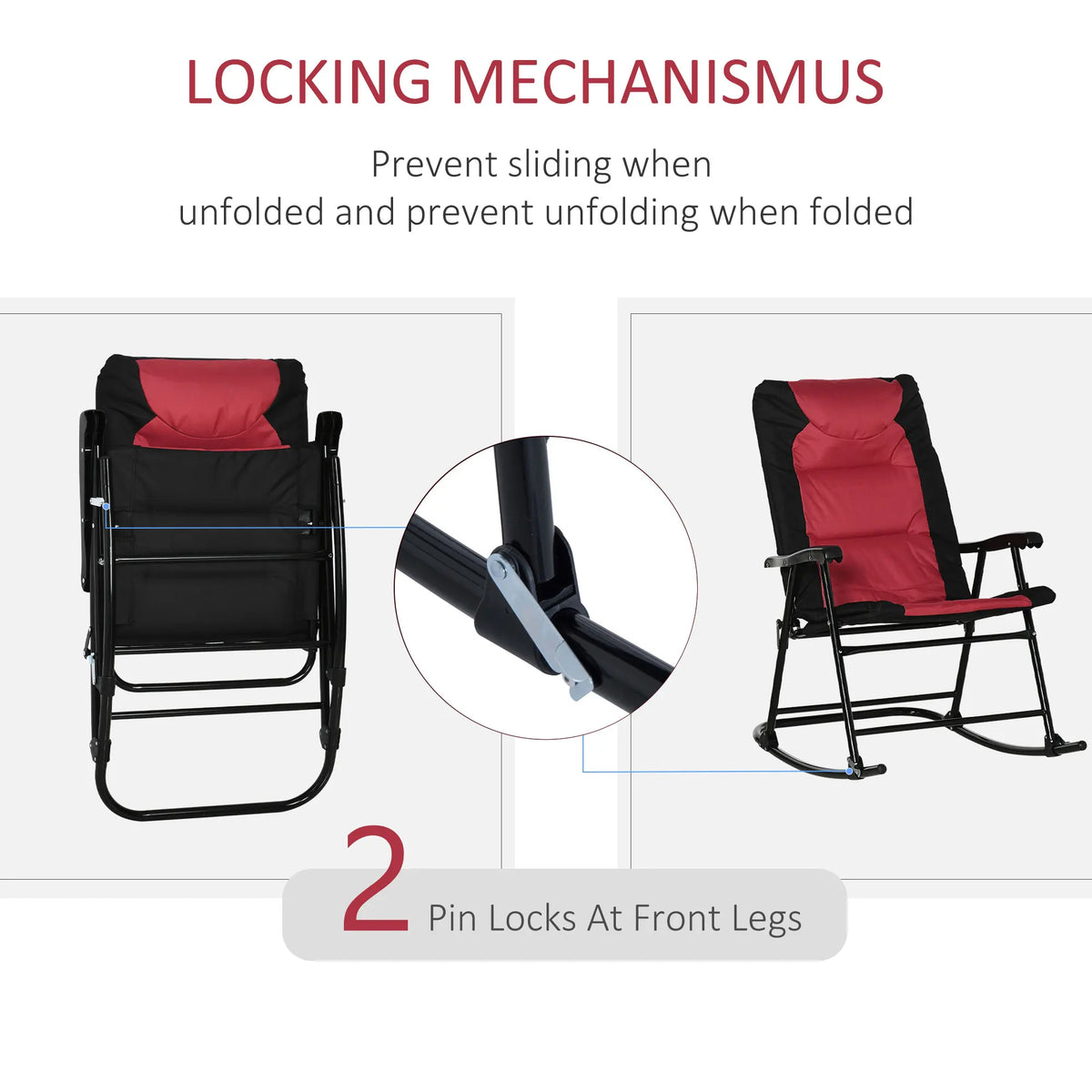 2PC Oversized Folding Rocking Camping Chairs, Portable Outdoor Rockers, Red