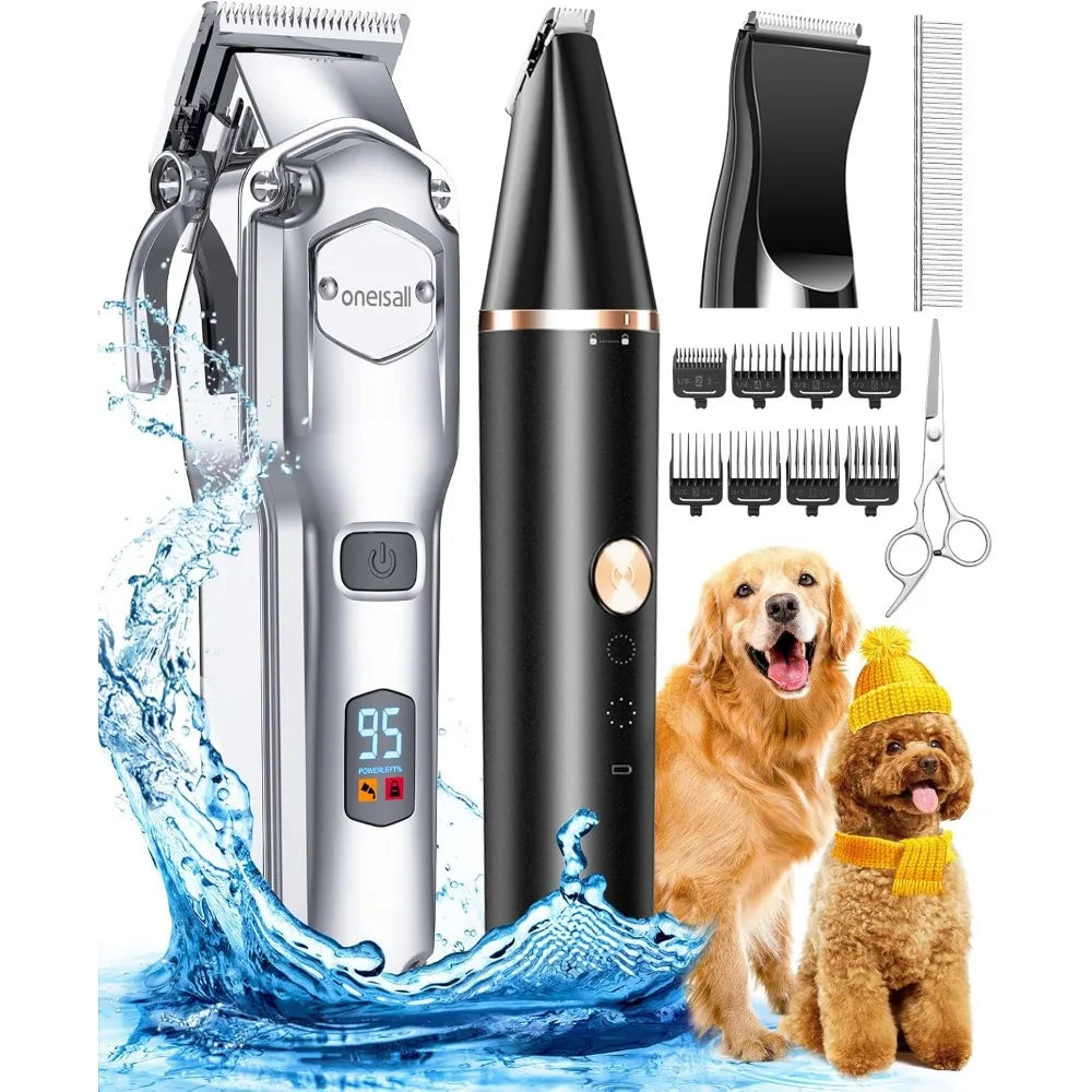 oneisall Dog Grooming Kit for Heavy Thick Hair&Coats/Low Noise Rechargeable Cordless Waterproof Dog Clippers for Grooming