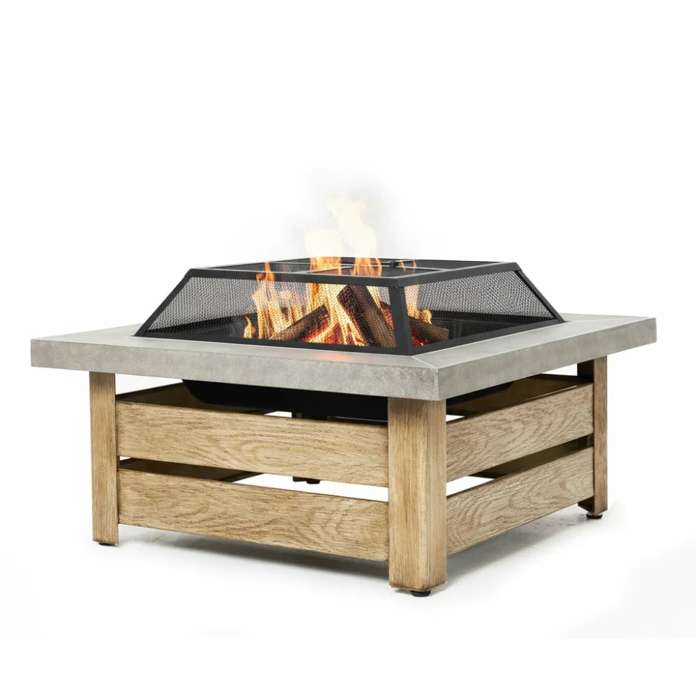 34 Inch Iron Wood-Burning Fire Pit Table, Natural Wood Color Outdoor Stove with Square 34 By 34 By 19.70 Inch Size, 65.80 Pound Weight, Iron Construction, Package 36.80 By 36.80 By 7.50 and Patio Backyard Garden Gathering Use