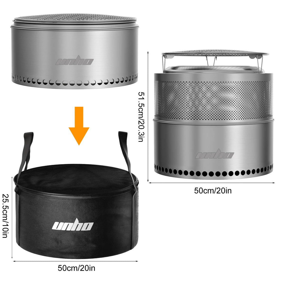 UNHO19-inch smokeless fire pit, used for outdoor wood burning, portable 304 stainless steel camping stove, perforated fireplace, suitable for outdoor heating, hunting, barbecue and ice fishing.