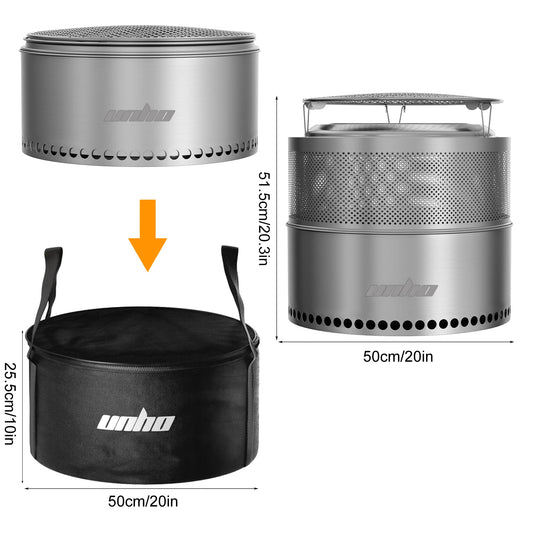 UNHO19-inch smokeless fire pit, used for outdoor wood burning, portable 304 stainless steel camping stove, perforated fireplace, suitable for outdoor heating, hunting, barbecue and ice fishing.