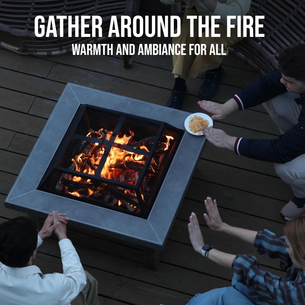 34 Inch Iron Wood-Burning Fire Pit Table, Natural Wood Color Outdoor Stove with Square 34 By 34 By 19.70 Inch Size, 65.80 Pound Weight, Iron Construction, Package 36.80 By 36.80 By 7.50 and Patio Backyard Garden Gathering Use