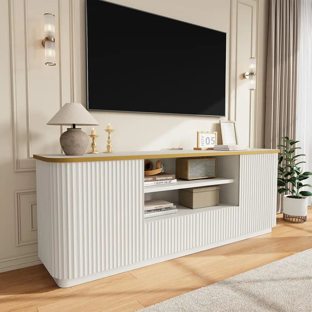 70" luted TV Stand or TVs Up to 80", ern Entertainment Center with 2 Ders & Cabi, TV ole with Curved Proile Design, Luxury Woode