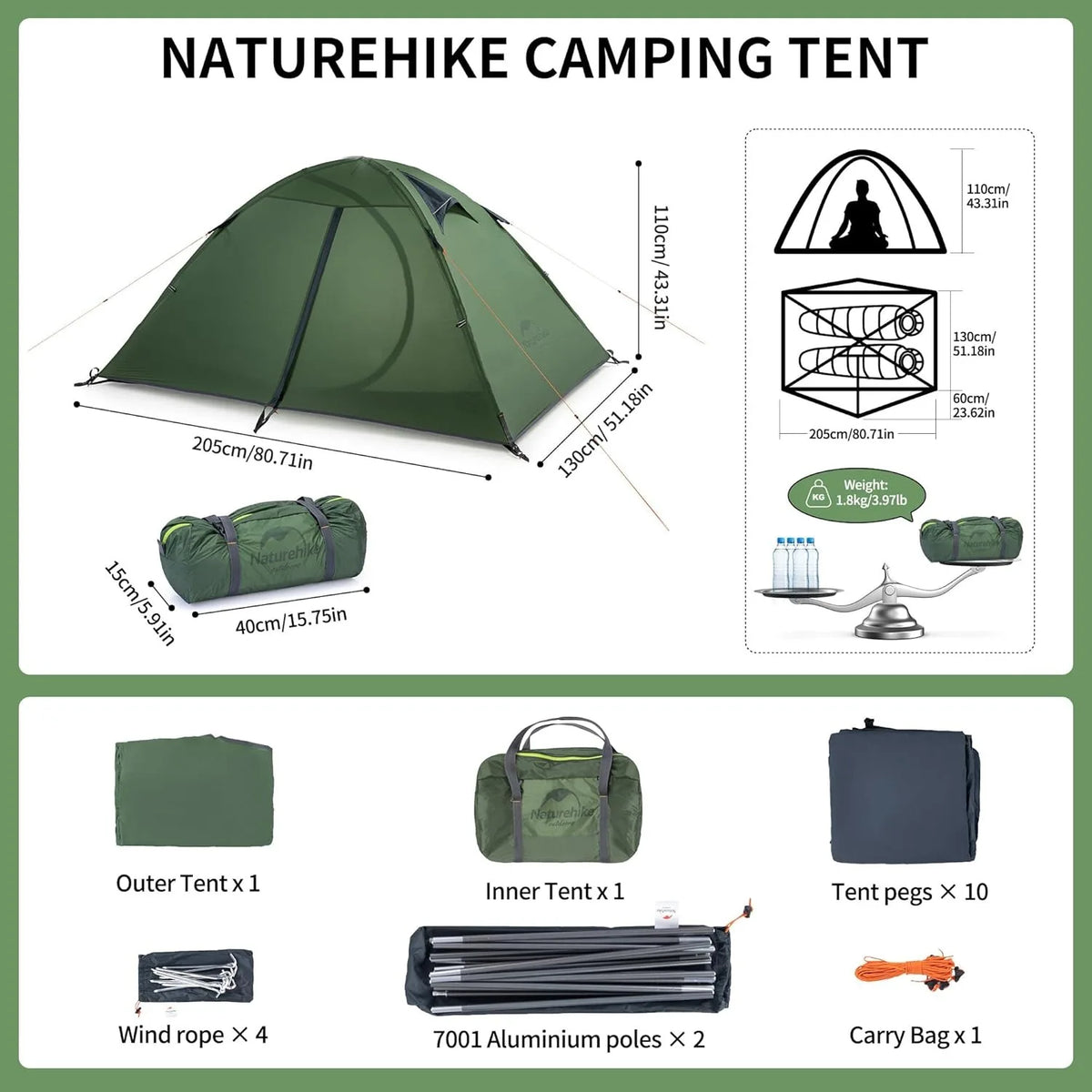 Naturehike 20D Ultralight Tent 2 Person PU4000mm Waterproof Trekking Tents Hiking Backpacking Shelter Tent Travel Tent
