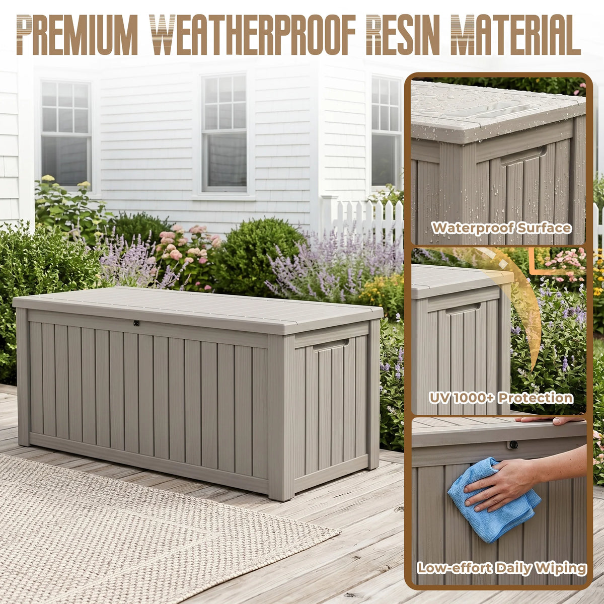 Oversized 120 Gallon Vertical Wood-Look Resin Outdoor Storage Box, All Season Lockable Deck Organizer for Large Patio Cushions & Yard Care Gear
