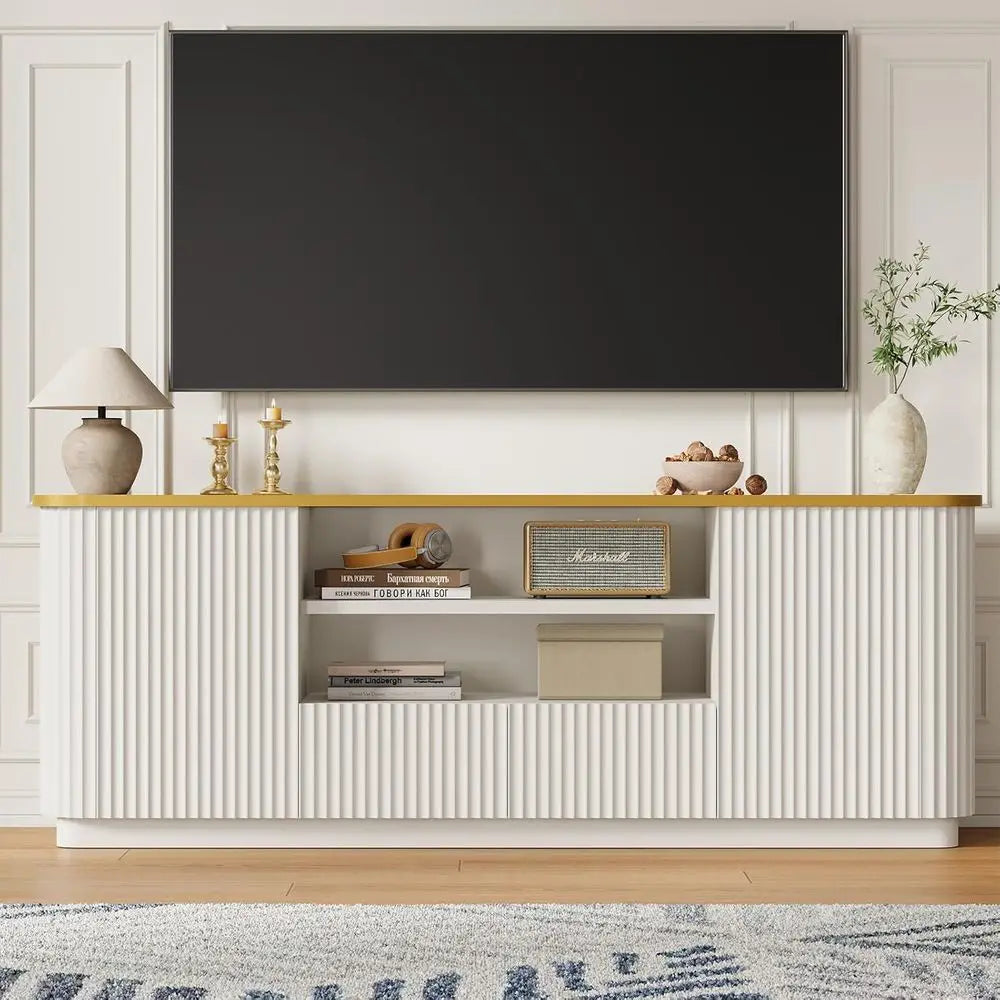 70" luted TV Stand or TVs Up to 80", ern Entertainment Center with 2 Ders & Cabi, TV ole with Curved Proile Design, Luxury Woode