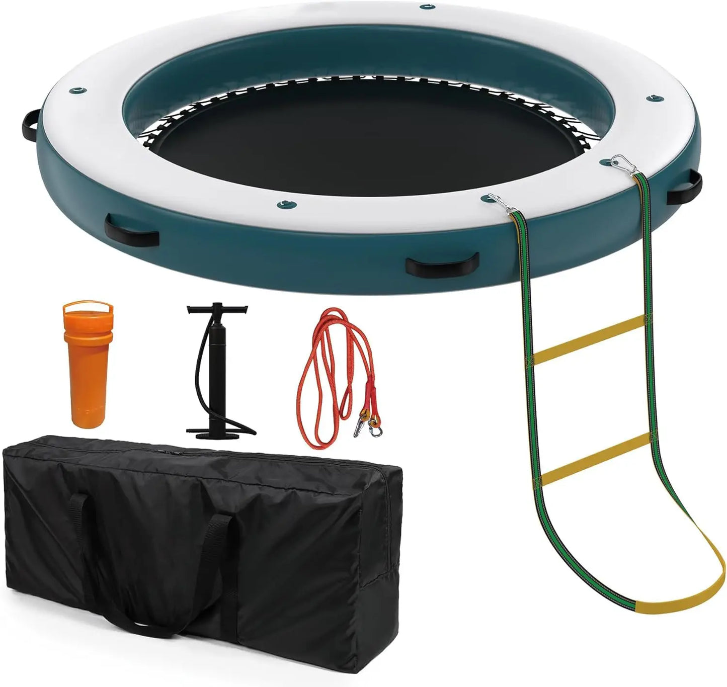 Round Inflatable Floating Platform, PVC Water Float Dock for Lake Pool and Boat, 8 x 8 ft Floating Island with 6 ft Open Center, White Blue Recreational Swim Raft