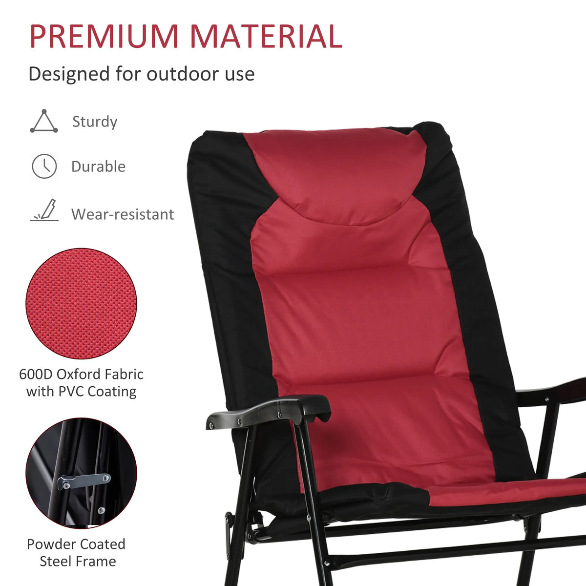 2PC Oversized Folding Rocking Camping Chairs, Portable Outdoor Rockers, Red