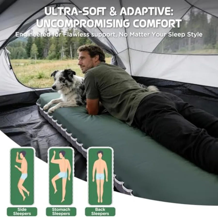 Camping mattress for outdoor travel, memory foam and air, gray, ultra-thick 4-inch with R-Value 9.5 for 4-season use