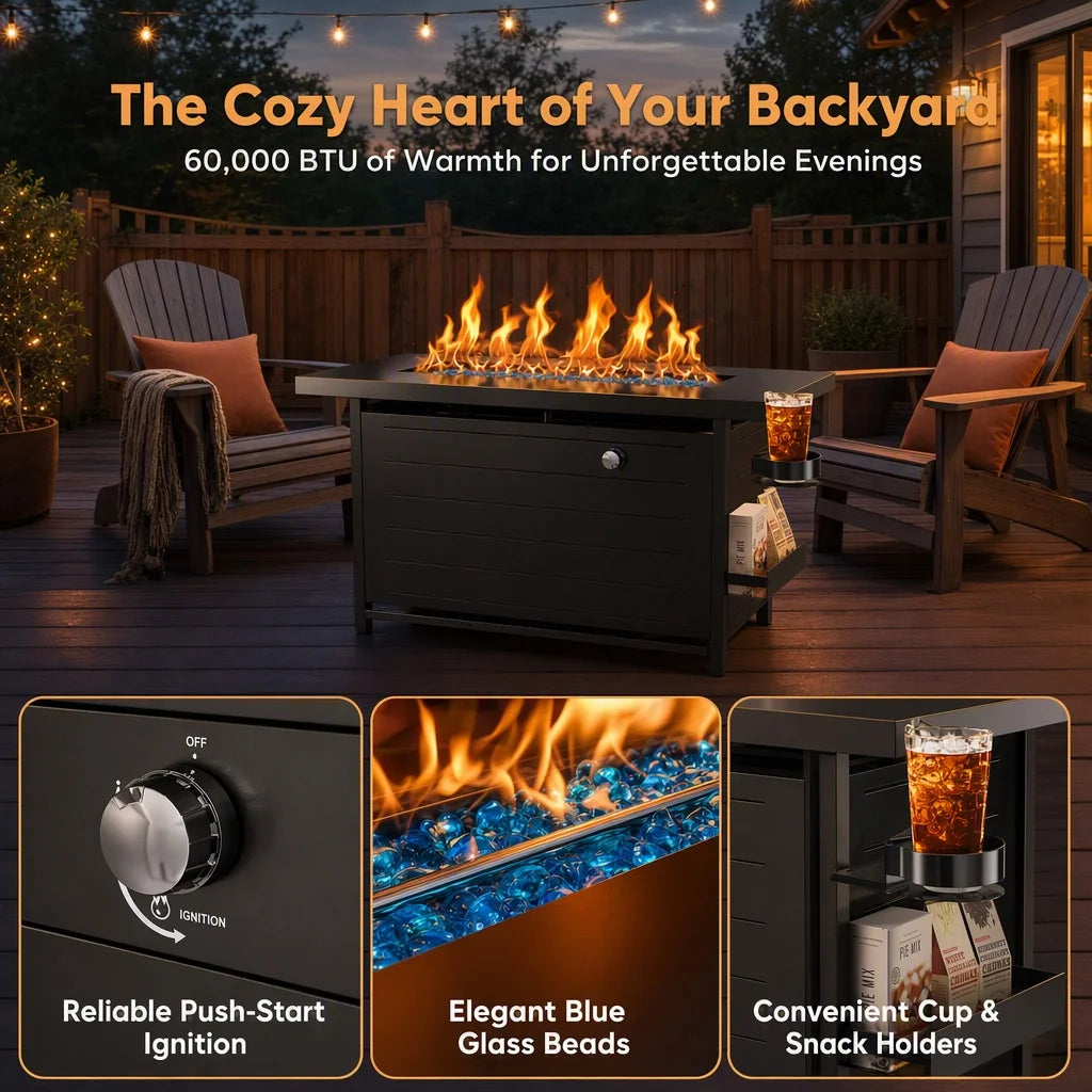 43-Inch Rectangular Propane Fire Pit with 60,000 BTU Output, Fire Pit Table Premium Gas for Outside Patio with 304 Stainless Steel H-Burner, Glass Stones, and Wind Guard