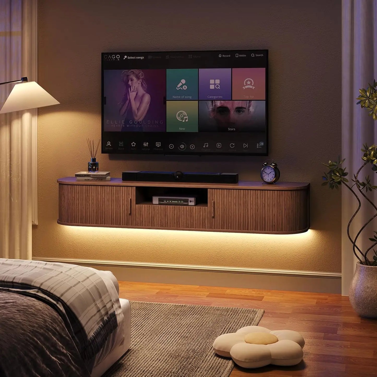 70 Inch Smart Floating TV Stand with LED Lights & Power Outlet - App Control Entertainment Center for 80" TVs, Mid-Century Modern Fluted Wood Design Living Room Storage Cabinet,Walnut