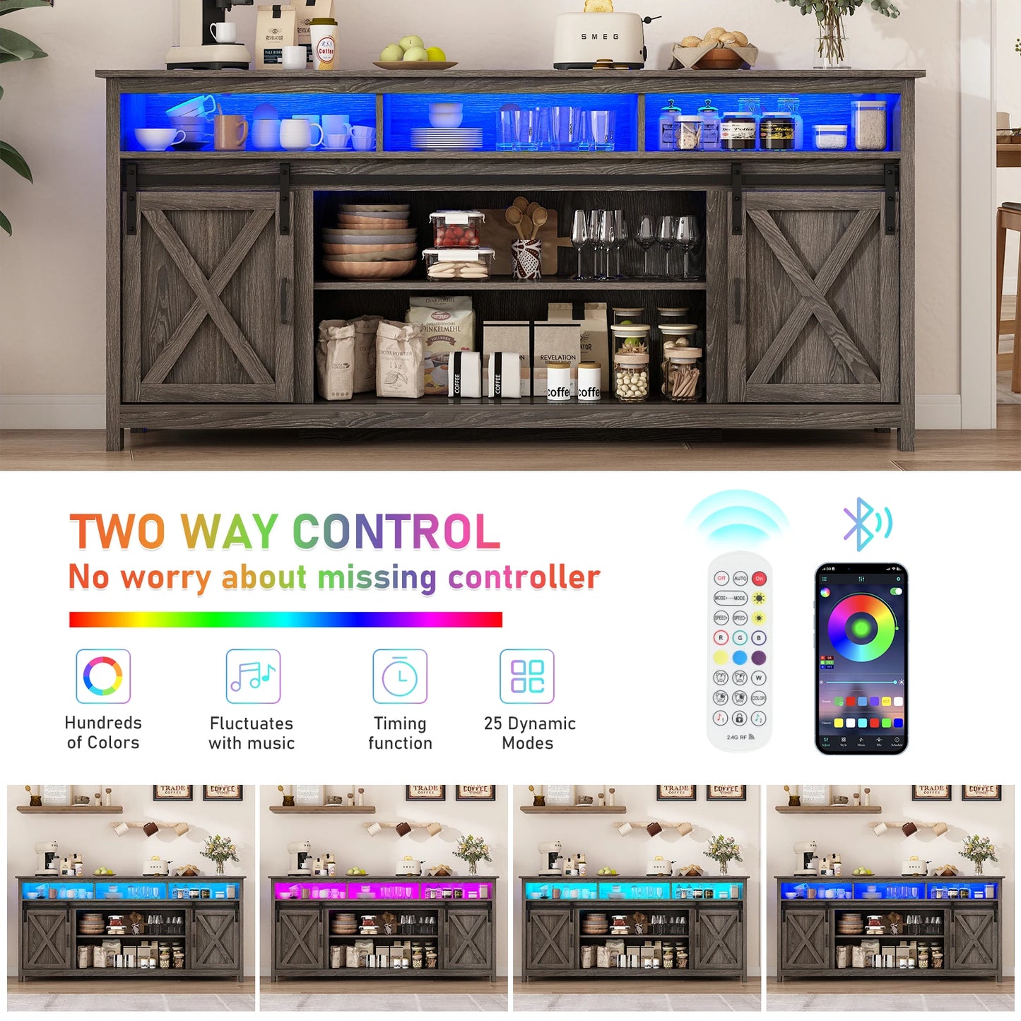TV Stand Farmhouse Coffee Bar Cabinet Rustic Sliding Barn Door Storage Cabinet with Power Outlet & LED Light, Wooden TV Cabinet