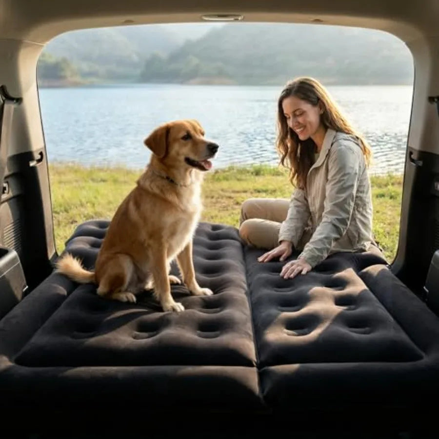 Car Air Mattress - Inflatable Bed for SUV RV Truck Backseat Trunk, Portable Camping Bed Flocked PVC Black Sleeping Mat for Vehi