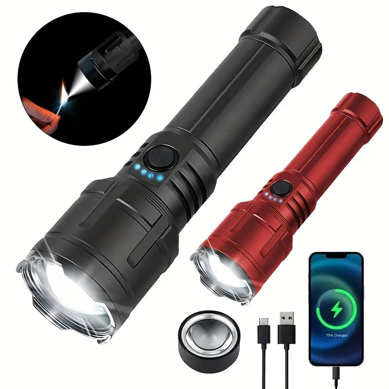 Zoomable LED Flashlight with Lens Ignition Function, Rechargeable High Power Tactical Flashlight, USB Charging Portable Torch with Power Indicator Light, Perfect for Outdoor Camping, Survival & Emergency Use