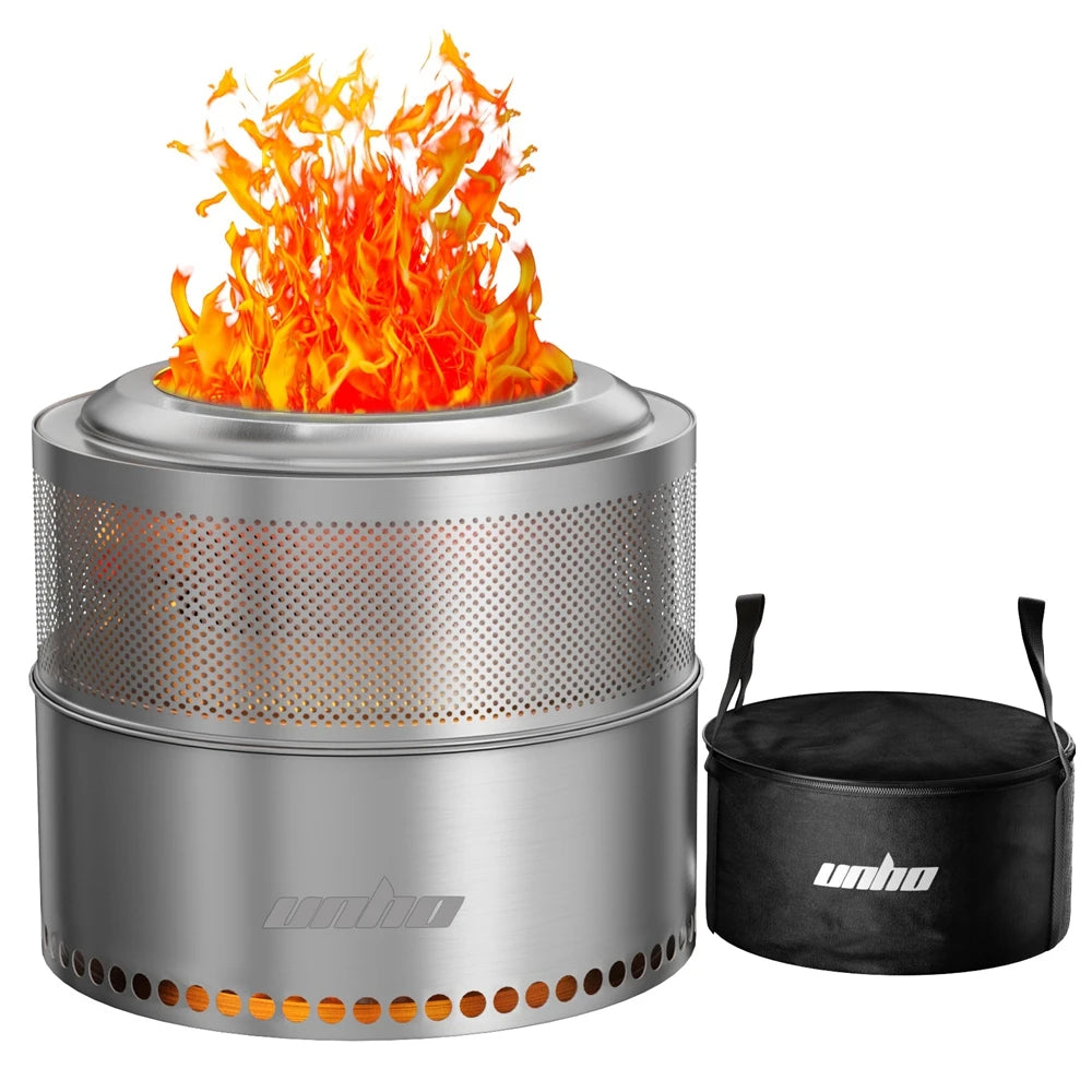 UNHO19-inch smokeless fire pit, used for outdoor wood burning, portable 304 stainless steel camping stove, perforated fireplace, suitable for outdoor heating, hunting, barbecue and ice fishing.