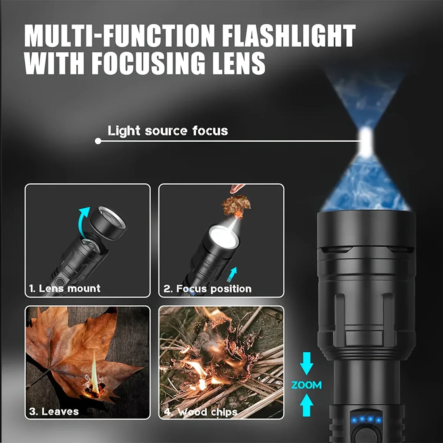 Zoomable LED Flashlight with Lens Ignition Function, Rechargeable High Power Tactical Flashlight, USB Charging Portable Torch with Power Indicator Light, Perfect for Outdoor Camping, Survival & Emergency Use
