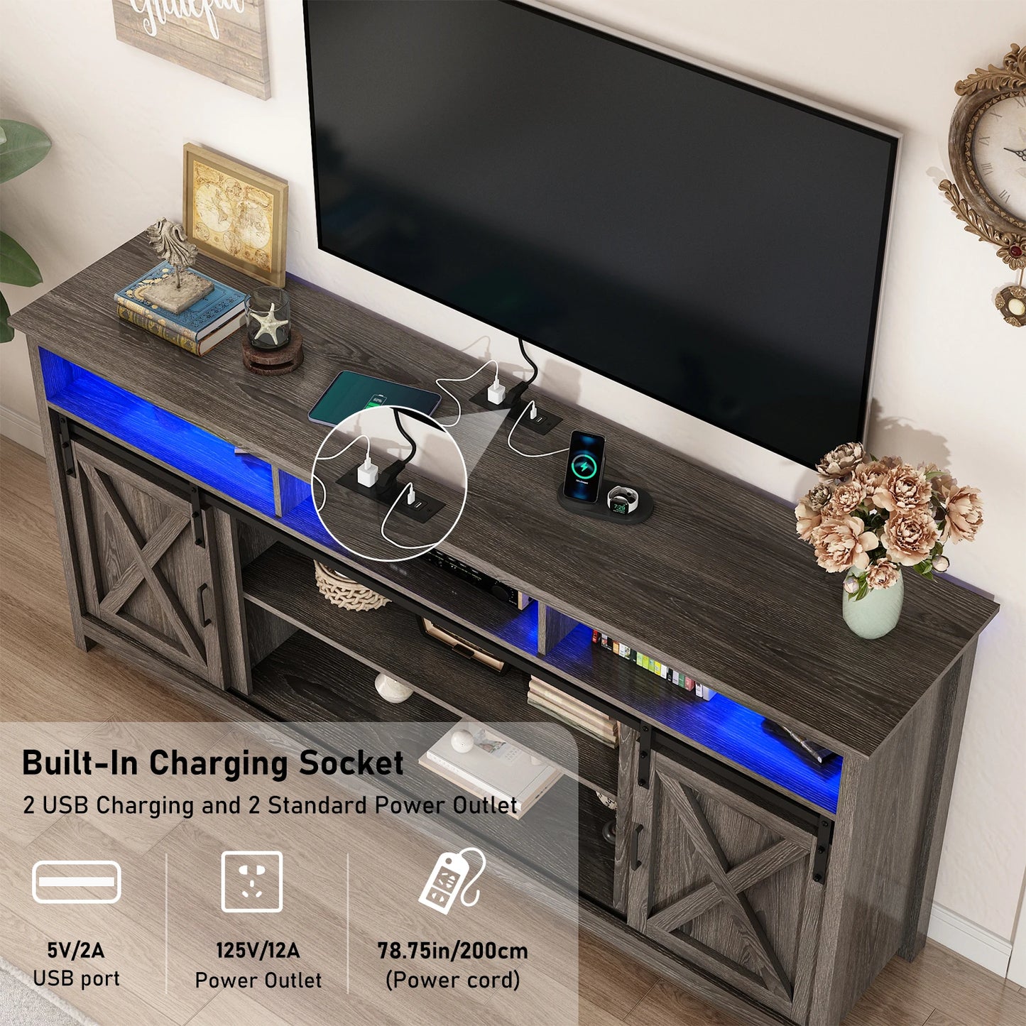 TV Stand Farmhouse Coffee Bar Cabinet Rustic Sliding Barn Door Storage Cabinet with Power Outlet & LED Light, Wooden TV Cabinet