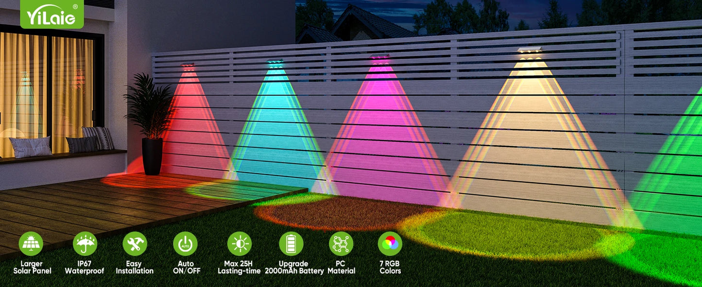 Quality Solar LED Fence Light IP66 Waterproof Auto ON OFF Warm White & 6 Colors & RGB Modes Solar Wall Lamp for Backyard Outside