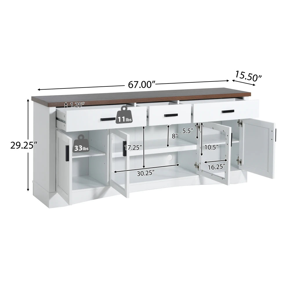 Modern White TV Console, 67" Width TV Stand, Glass Doors & Storage Drawers, Adjustable Shelves (Old SKU:N779P296233W)