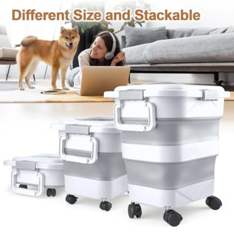 Dog Food Storage Container, 10-20 lbs Airtight Collapsible Cat Food Storage Container with Attachable Wheels, Portable Handle,